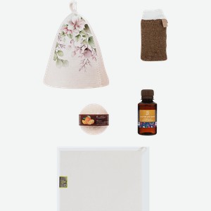 Набор для бани и сауны ГЛАВБАНЯ Весенний, шапка, коврик, мочалка, настой и бомбочка, Арт. Б32327Л