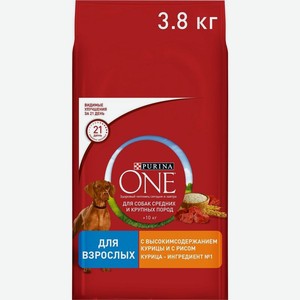 Корм Purina one с курицей и рисом сухой для собак средних и крупных пород 3.8кг, 3.8 кг