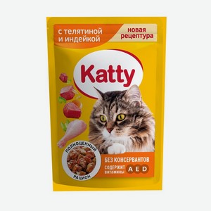 Корм влажный Katty с телятиной и индейкой в соусе для кошек 85г, 85 г