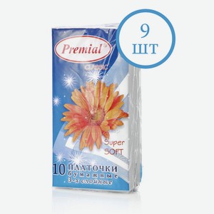 Платочки бумажные PREMIAL 3 х слойные 10шт*9