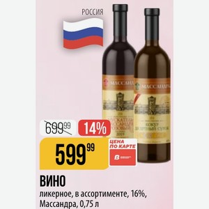 Вино ликерное, в ассортименте, 16%, Массандра, 0,75 л