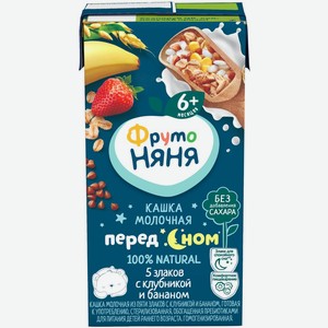Детское питание кашка ФРУТОНЯНЯ Молочная из пяти злаков с клубникой и бананом с 6 мес, Россия, 200 мл