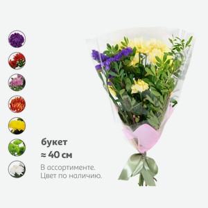 Букет живых срезанных микс 1 из хризантемы и лимониума в упаковке в ассортименте h 40 см, 1 шт