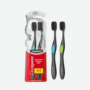 Щётка зубная Colgate 360° с древесным углём средней жёсткости 2 шт. цвет в ассортименте