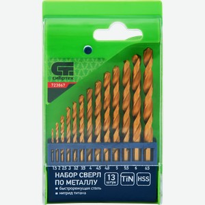 Набор сверл по металлу СИБРТЕХ с нитридтитановым покрытием 1,5–6,5мм (через 0,5мм, 3,2мм, 4,8мм) 13шт, сталь НSS, Арт. 723867