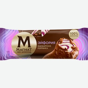 Мороженое МАГНАТ Эйфория, сливочное с маскарпоне и соусом из голубики в молочном шоколаде с вафельной крошкой 8%, без змж, эскимо, 70г