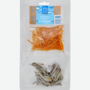 Микс сушено-вяленый WISH FISH Анчоус и кальмар паутинка пряный, 70г