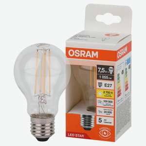 Лампа Osram LED STAR груша 7,5W E27 теплый белый свет, 1 шт