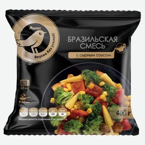 Овощная смесь АШАН Золотая птица Бразильская кукуруза в зернах и початках перец болгарский капуста брокколи с сырным соусом замороженная, 400 г
