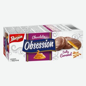 Печенье рассыпчатое Bergen Crisp cookies with salted caramel and milk chocolat Obsessio с соленой карамелью, покрытое молочным шоколадом Польша, 128 г