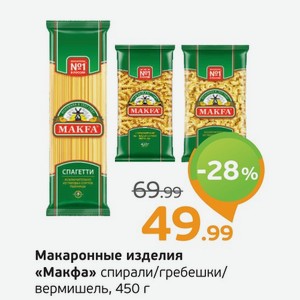 Макаронные изделия  Макфа  спиарли/гребешки/вермишель, 450 г