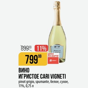 ВИНО ИГРИСТОЕ CARI VIGNETI pinot grigio, spumante, белое, сухое, 11%, 0,75 л