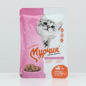 Консервированный корм Мурчик для кошек, мясное ассорти в соусе, 75 г