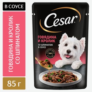 Корм влажный для собак Cesar с говядиной кроликом и шпинатом в соусе, 85 г