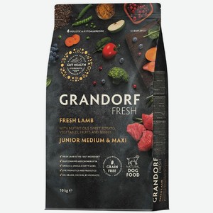 Корм Grandorf Fresh Свежий Ягненок Junior Medium&maxi для средних и крупных пород с 4 месяцев беременных и кормящих собак, 10кг