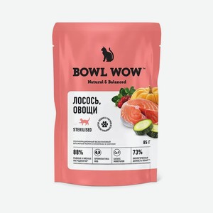 Влажный корм Bowl Wow для стерилизованных кошек кусочки в соусе лосось и овощи 85 г