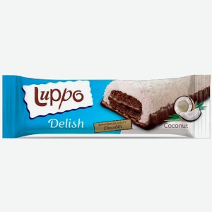 Кекс"LUPPO Delish" с какао,кокосом и шоколадным соусом,покрытый маршм. и какао 36гр 12шт/бл 12бл/к