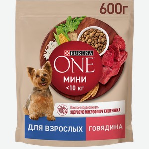 Корм сухой для взрослых собак PURINA ONE для мелких и карликовых пород, с высоким содержанием говядины и с рисом, 600г