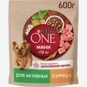 Корм сухой для взрослых собак PURINA ONE для мелких пород с активных образом жизни, с высоким содержанием курицы и с рисом, 600г