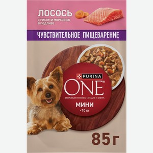 Корм влажный для взрослых собак PURINA ONE Мини для мелких и карликовых пород с чувствительным пищеварением, с лососем, рисом и морковью в подливе, 85г