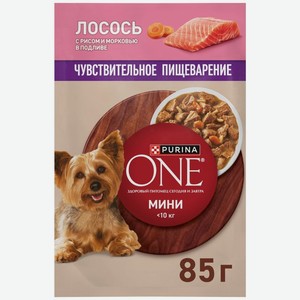 Корм влажный Purina ONE с лососем, рисом и морковью для взрослых собак мелких пород, при чувствительном пищеварении, 85г, 85 г