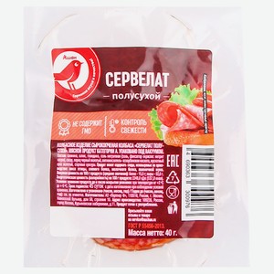 Колбаса сырокопченая АШАН Красная птица Сервелат полусухой в нарезке, 40 г