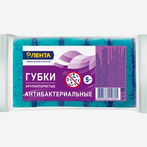Губки д/посуды ЛЕНТА антибактериальные, крупнопористые, Россия, 5 шт