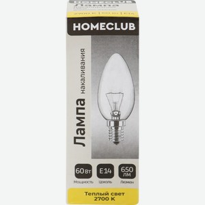 Лампа накаливания HOMECLUB свеча 60вт,Е14 теплый свет., Китай