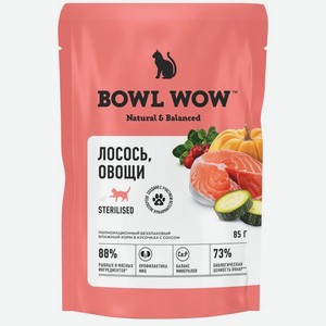 Корм влажный Bowl Wow Кусочки в соусе с лососем и овощами для стерилизованных кошек, 85г, 85 г