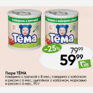 Пюре Тема говядина с гречкой с 8 мес. говядина с кабачком и рисом с 6 мес. ; цыплёнок с кабачком, морковью и рисом с 6 мес. 90 г