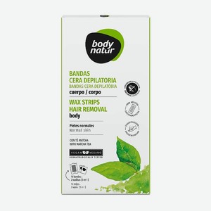 BODY NATUR Восковые полоски для депиляции тела для нормальной и сухой кожи с экстрактом чая матча Wax Strips Hair Removal Face, 16 шт. + 2 шт.