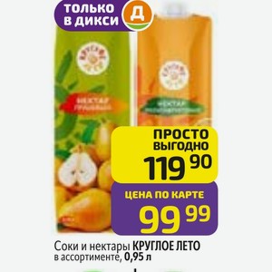 Соки и нектары КРУГЛОЕ ЛЕТО в ассортименте, 0,95 л