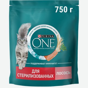 Корм сухой для взрослых кошек PURINA ONE для стерилизованных и кастрированных, с высоким содержанием лосося и пшеницей, 750г