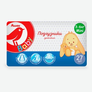 Подгузники АШАН Красная птица Minii 2 размер 3-6 кг, 27 шт