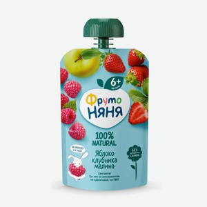 Пюре ФРУТОНЯНЯ из яблок, клубники и малины; из яблок и манго и с йогуртом; из яблок и абрикосов со сливками и сах.; из яблок и черники с печеньем; из яблок, бананов и груш с печеньем 90гр пауч