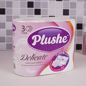 Туалетная бумага, Plushe Delicate, 3 слоя, 4 рулона
