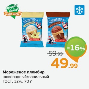 Мороженое пломбир шоколадный/ванильный, ГОСТ, 12%, 70 г