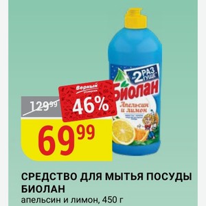СРЕДСТВО ДЛЯ МЫТЬЯ ПОСУДЫ БИОЛАН апельсин и лимон, 450 г