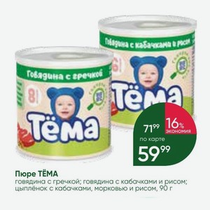 Пюре ТЁМА говядина с гречкой; говядина с кабачками и рисом; цыплёнок с кабачками, морковью и рисом, 90 г