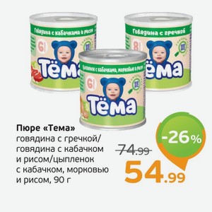 Пюре  Тема  говядина с гречкой/говядина с кабачком и рисом/цыпленок с кабачком, морковью и рисом, 90 г