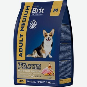 Корм для собак Brit Premium Dog Adult Medium с курицей сухой 1кг, 1 кг