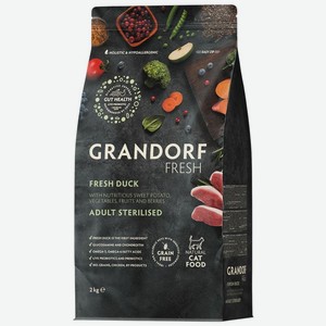 Корм сухой Grandorf Fresh Свежая утка полнорационный гипоаллергенный беззерновой для стерилизованных кошек и кастрированных котов от 1 года или пожилых кошек 2кг, 2 кг