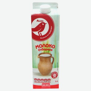 Молоко пастеризованное АШАН Красная птица цельное отборное 3,4-6,0% БЗМЖ охлажденное, 1 л