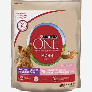 Корм сухой Purina One с лососем и рисом для собак для чувствительной кожи 600г, 600 г