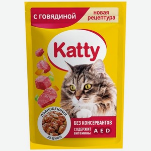 Корм влажный Katty с говядиной для кошек 85г, 85 г