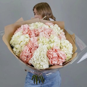 AZALIANOW ЦВЕТЫ. ПОДАРКИ. ДЕКОР Букет из 19 бело-розовых гортензий «Шик», Букеты и композиции из живых цветов могут на несколько тонов отличаться от изображений. Часть цвета искажается в зависимости от настроек экрана.