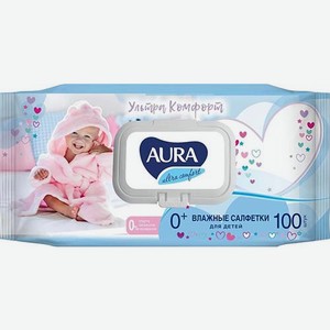 Салфетки влажные для детей с экстрактом алоэ и витамином Е с крышкой Aura Ultra Comfort 100шт